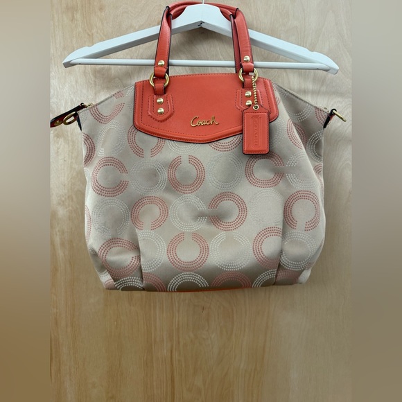 Coach Ashley Peach Khaki Dotted Op Art Signature Satchel. - Picture 9 of 16